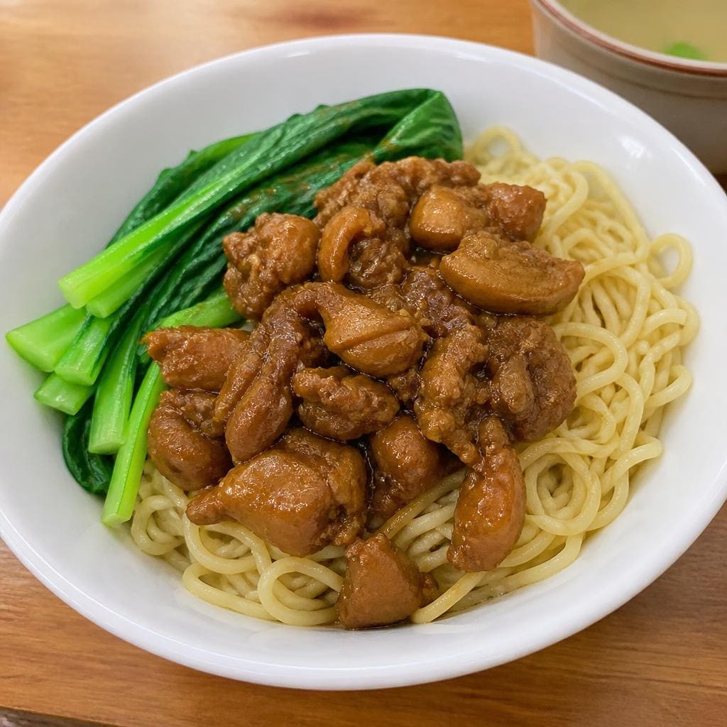 Mie Ayam Es Teler 77 dengan ayam kecap dan sayur sawi